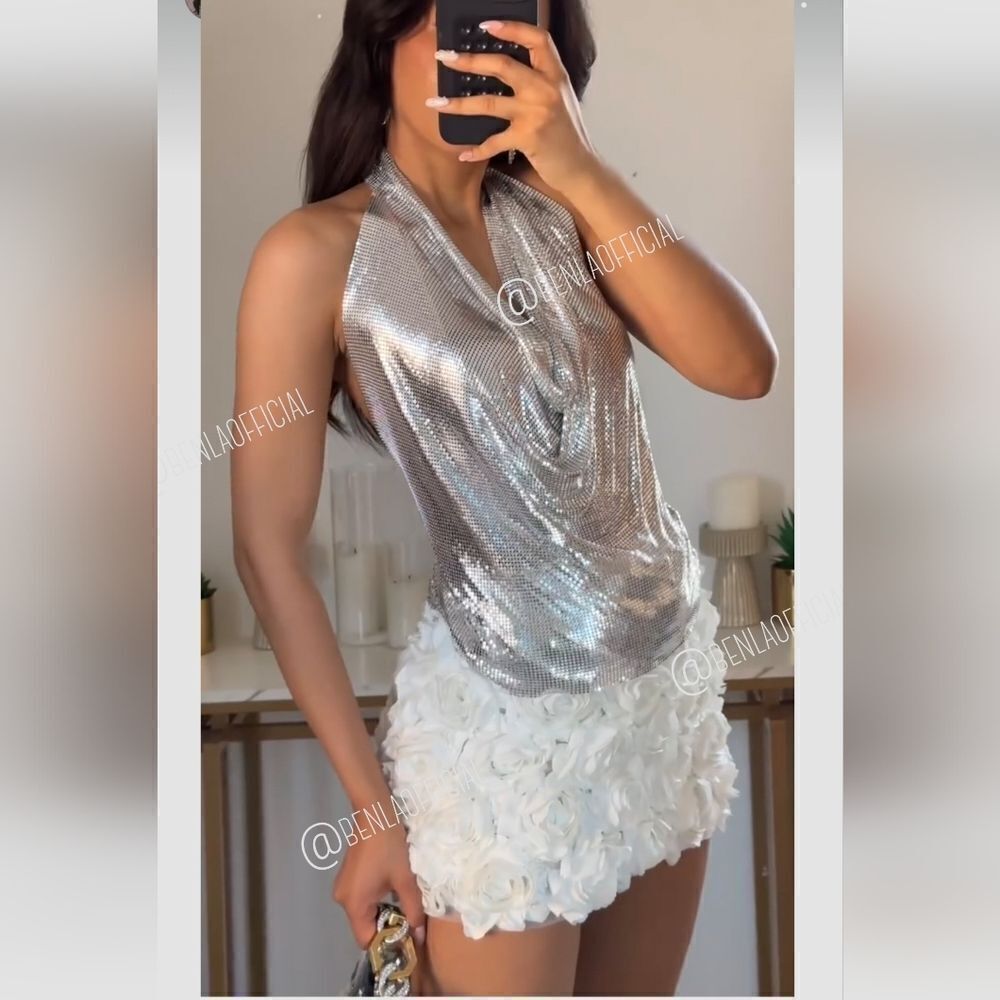 NWT ZARA METALLIC HALTER TOP silver